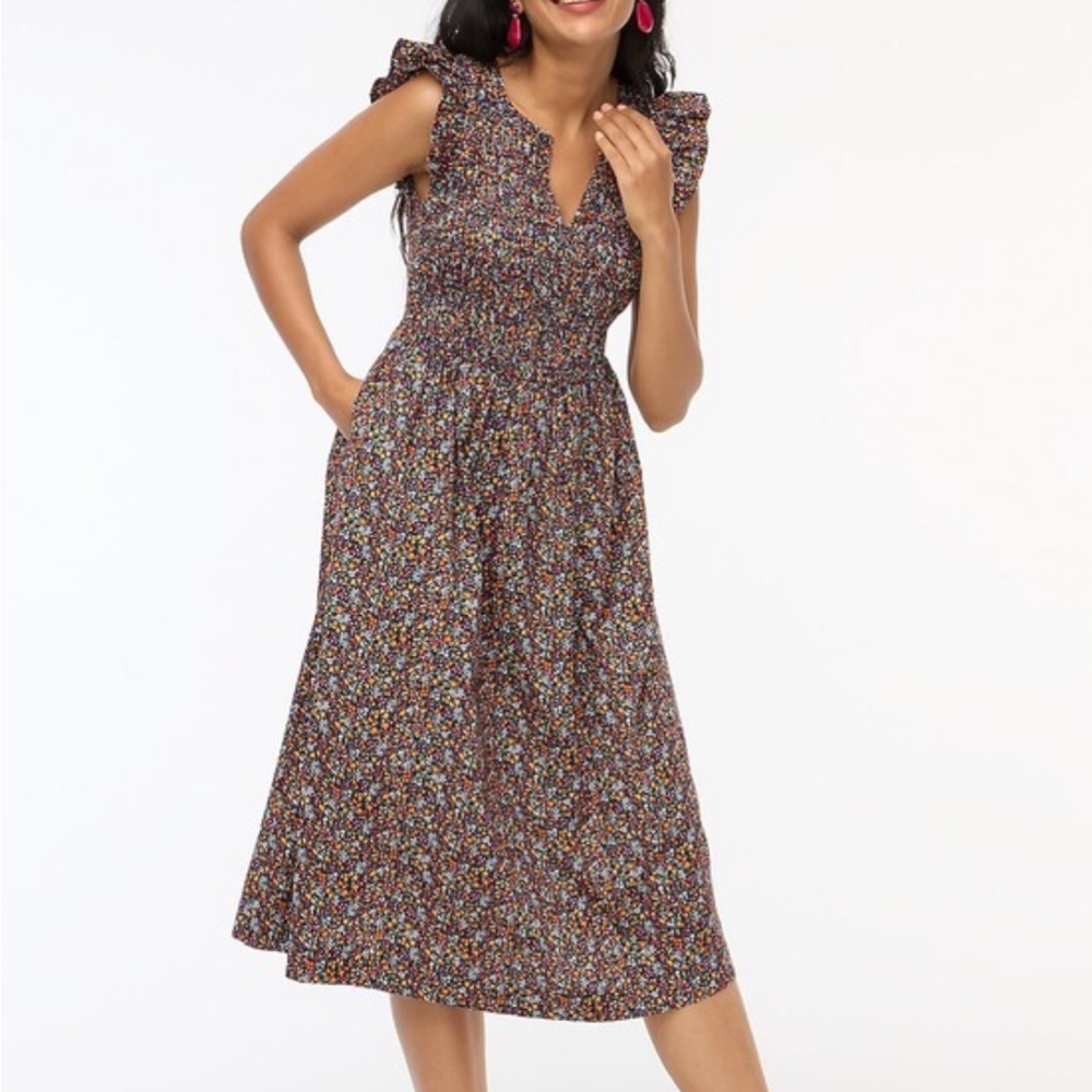 J. Crew Flutter Sleeve Floral Ruffle Midi Dress